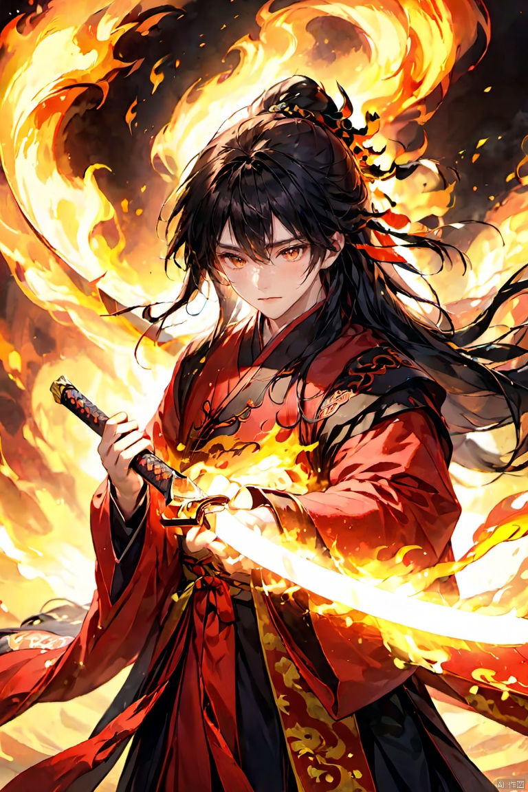  (masterpiece, best quality:1.5), smoke dragon,1boy, black hair, Breathing fire, combustion, ember, whole body, Keep, Keep sword, Keep arms,dark magic,Ancient Chinese Hanfu, long hair, long sleeves, looking at the audience, male focus, Red theme, alone, Permanently installed, sword, very long hair, arms, 1BOY, glow