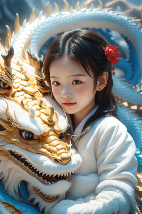  1girl, 5 years old, cute, photo, real, masterpiece, 32k, best quality, Chinese dragon,white.