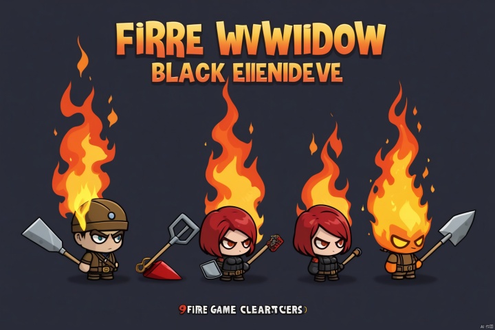  Three game characters, fire element, (Black Widow),Hand held shovel, masterpiece, title