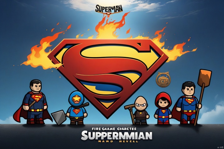  Three game characters, fire element, (superman),Hand held shovel, masterpiece, title