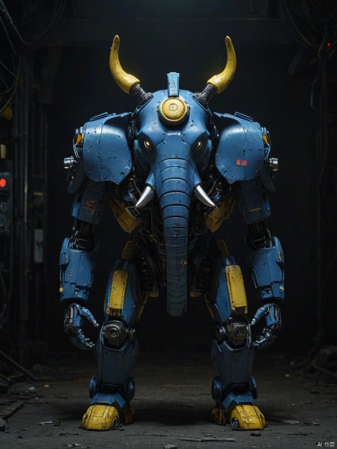  score_9, score_8_up, score_7_up, score_6_up, score_5_up, score_4_up ,
Blue Elephant Robot, Night, Front View, Yellow Halo in Dark Color Scheme, Realism in Documentary Style, Sense of Responsibility, High Saturation, Dark Atmosphere, Terror Atmosphere, Junki LTO, Chinese Punk,