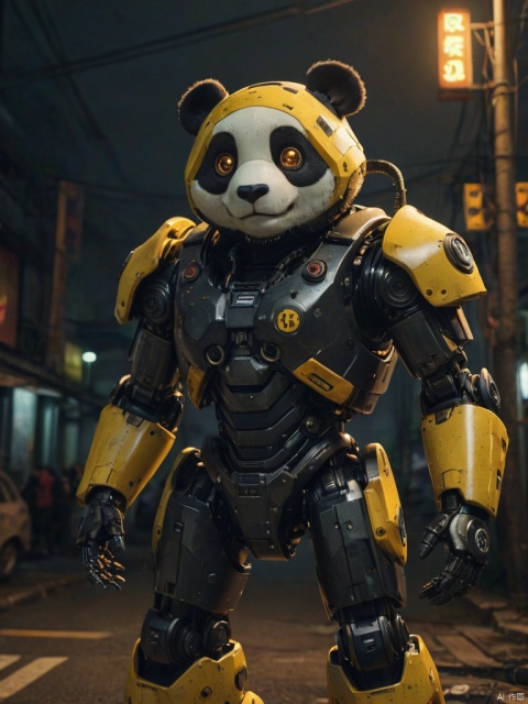  score_9, score_8_up, score_7_up, score_6_up, score_5_up, score_4_up ,
panda robot, night, front view, yellow halo in dark color scheme, realistic documentary style, sense of responsibility, high saturation, dark atmosphere, terrifying atmosphere, Junki LTO, Chinese punk,