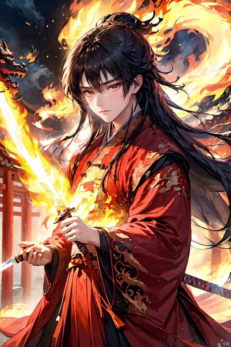  (masterpiece, best quality:1.5), smoke dragon,1boy, black hair, Breathing fire, combustion, ember, whole body, Keep, Keep sword, Keep arms,dark magic,Ancient Chinese Hanfu, long hair, long sleeves, looking at the audience, male focus, Red theme, alone, Permanently installed, sword, very long hair, arms, 1BOY, glow