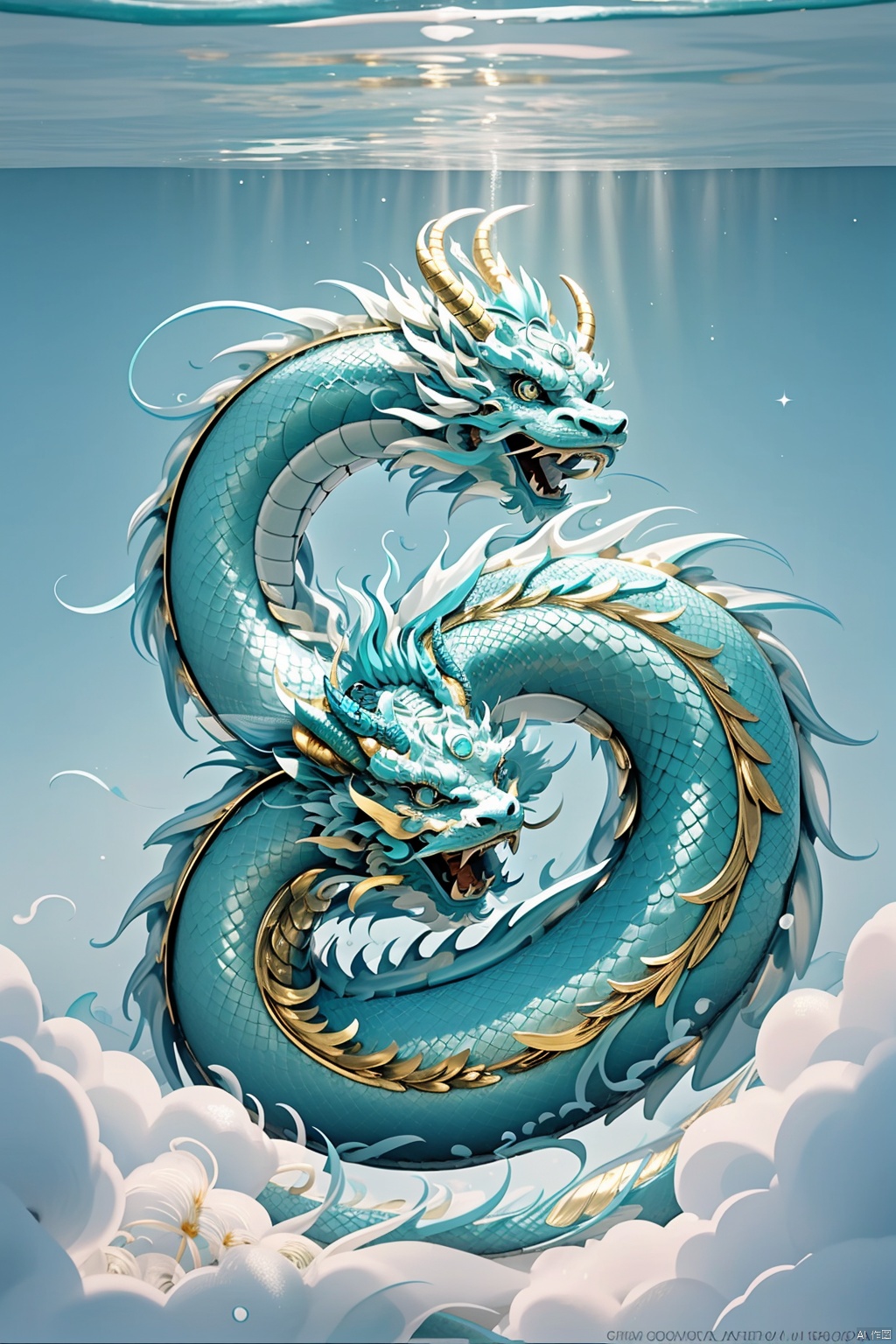  Surrealist photography, top view, Oriental
mythology,Freeze,hovering in sparkling light blue water a ice blue Chinese dragon,its long eyelashes and golden dragon horns, glittering dragon scales, fluffy texture, incredibly clear shallow water, surrounded by white mist, Large blue ice maked lotus floating on the water,Gold foil, polished, perfect curves, sunlight, Blue glare, sacred, natural, real, high detail, clean, Simple, best picture quality, in Asai Miki style, David Nordahl, naturalistic aesthetic, fast shutter speed,14mm lens, perfect composition, 8k HD