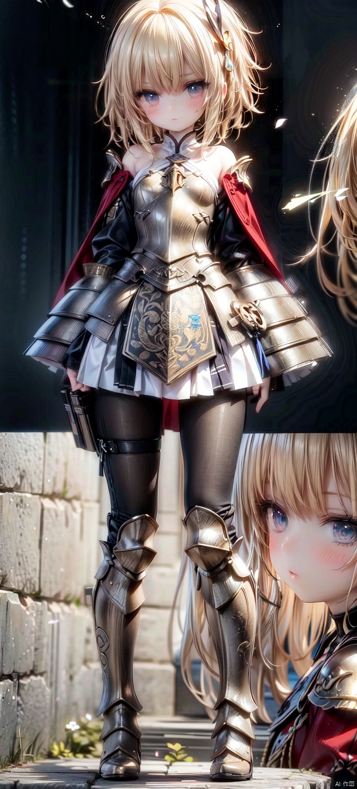  1 little girl, cute, Petite, loli,flat chested, blonde_long _hair, mantle(blonde stamp), perfect elegant face, perfect eyes,(SLE, mksks style, detailed background, ATD essence), excellent, best aesthetics, latest, best quality, masterpiece, very detailed, very detailed CG super detail, 8k_ wallpaper, illustrations, fine details), (rainbow scales armour): vivid,(science fiction), (extremely intricate), the most beautiful artwork in the world, professional digital art by Ed Blinkey and Atey Ghailan and Jeremy Mann and Greg Rutkowski,,,Glowing Tight armor(blonde print), metal long sleeves (blonde scalelike), metal boots (blonde scalelike), (blonde) metal armour (scalelike),Metal arm armor(blonde scalelike),Metal shoulder armor(blonde scalelike),A floating cloak,heavy breathing,after sex,