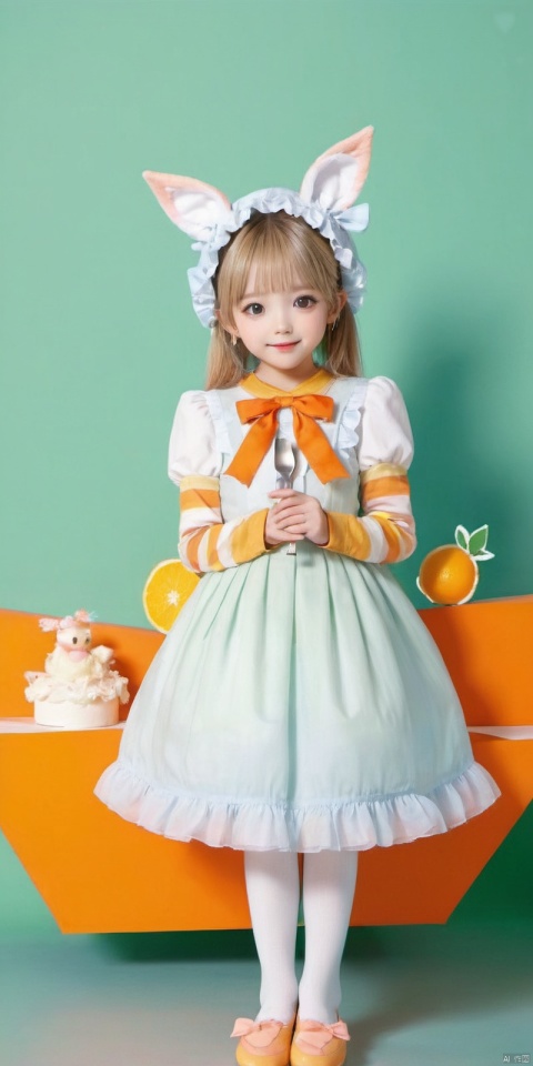 (cinematic lighting), dreamy atmosphere, Ray tracing, (((solo))), (loli:1.5), (child:1.5), (petite:1.5), green eyes, (animal ears), dress, solo, food, blonde hair, open mouth, long hair, pancake, flower, holding, bow, smile, fork, bird, socks, looking at viewer, shoes, striped background, holding fork, bonnet, striped, frills, long sleeves, :d, yellow dress, bangs, eyebrows visible through hair, blush, green nails, hair bow, nail polish, diagonal stripes, chick, sparkle, frilled dress, orange bow, fruit, full body, :3, hair between eyes, green bow, puffy sleeves, heart, lemon, orange footwear, animal ear fluff, white bow, cat ears, bobby socks, orange headwear, see-through sleeves, blue background, striped bow, hair ornament, white legwear, mary janes