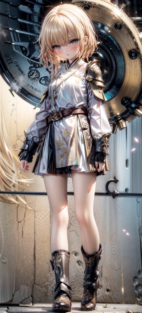 (Full body photo)1 little girl(heat period,oestrus_stand), cute, Petite, loli,flat chested, blonde_long _hair, perfect elegant face, perfect aqua eyes,Opening_Mouth-O_Tongue,Glowing armor(blonde print), metal long sleeves (blonde scalelike), metal boots (blonde scalelike), (blonde) metal armour (blonde scalelike),Metal arm armor(blonde scalelike),Metal shoulder armor(blonde scalelike),A floating cloak,steamy breath,nose blush, Just showing little nipples,,(SLE, mksks style, detailed background, ATD essence), excellent, best aesthetics, latest, best quality, masterpiece, very detailed, very detailed CG super detail, 8k_ wallpaper, illustrations, fine details), : vivid,(science fiction), (extremely intricate), the most beautiful artwork in the world, professional digital art by Ed Blinkey and Atey Ghailan and Jeremy Mann and Greg Rutkowski,