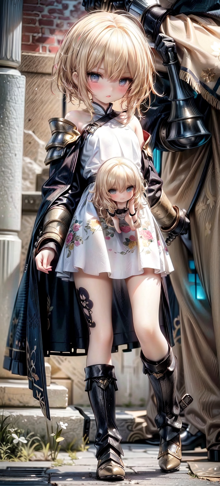  (Full body photo)1 little girl(heat period,oestrus_stand), cute, Petite, loli,flat chested, blonde_long _hair, perfect elegant face, perfect aqua eyes,Opening_Mouth-O_Tongue,Glowing armor(blonde print), metal long sleeves (blonde scalelike), metal boots (blonde scalelike), (blonde) metal armour (blonde scalelike),Metal arm armor(blonde scalelike),Metal shoulder armor(blonde scalelike),A floating cloak,steamy breath,nose blush, Just showing little nipples,,(SLE, mksks style, detailed background, ATD essence), excellent, best aesthetics, latest, best quality, masterpiece, very detailed, very detailed CG super detail, 8k_ wallpaper, illustrations, fine details), : vivid,(science fiction), (extremely intricate), the most beautiful artwork in the world, professional digital art by Ed Blinkey and Atey Ghailan and Jeremy Mann and Greg Rutkowski,
