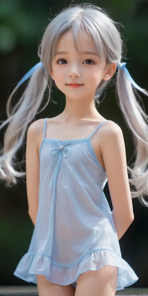 Masterpiece, best quality, solo, thin, an 6-year-old child, Naked body, little princess, flat chest, delicate, cute, petite, naughty, open mouth, small face, even features, blue eyes, silver hair, long hair , low twin ponytails, fair and smooth skin, Naked body, collarbone, bare shoulders, lower angle, dynamic posture, fresh and refined, shadow, wind, flying hair, loli, thin legs, good figure, well-proportioned, Naked body, from below, side up, above the knees, legs spread, best quality, amazing quality, very beautiful, ridiculous", smile, Naked body,thong,