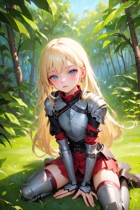 (masterpiece), (extremely intricate), the most beautiful artwork in the world, professional digital art by Ed Blinkey and Atey Ghailan and Jeremy Mann and Greg Rutkowski, Medium shot of a small girl in armor(child), symmetrical eyes, perfect elegant face, perfect eyes, blonde, grass plain background,Dense jungle, dense vegetation, leaning forward, wariza,missionary,from below,cutie,:>,✌🏻,Red nose, blush, watery eyes,