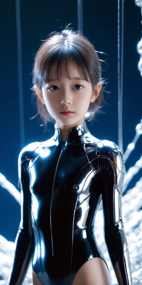 Masterpiece, best quality, solo, thin, a 6-year-old child, Naked body, little princess, small breasts, delicate, cute, petite, small face, even features, blue eyes, silver hair, long hair, low ponytail, Skin texture, peniparker, black hair, brown eyes, short hair, pale skin, plugsuit, bodysuit, (spider web print), (mechanical armor), expressionless, half-closed eyes, (tired), standing, arms at sides , dutch angle, (science fiction), full body, , (beautiful), very beautiful, ultra high definition, alchemical images, using mercury, liquid mercury, heavy metal liquid, silver liquid, mercury transformation, shine, dynamic gesture, liquid movement , floating particles, mercury drop, flowing metal, mercury symphony, Background reflected light, crystallized mercury formation, film lighting, film atmosphere,