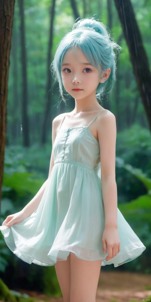 Masterpiece, best quality, solo, thin, a 10-year-old loli, little princess, flat-chested, delicate, cute, petite, playful, open_mouth_O, young face thin, balanced features, blue eyes, green hair, long hair, low double ponytail, pale and smooth skin, (princess dress), small nipples, no underwear, dynamic angle, dynamic posture, fresh and refined, whitening light, shadows, outdoors, forest, vegetation, rainstorm, wind, hair flying, Loli, skinny legs, nice body, Proportional coordination,Upper body,