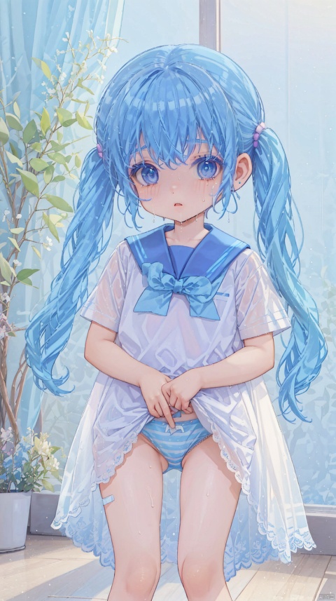 (A skinny child), masterpiece, detail, (very long  Azure blue hair), low twintails
, wetness, cleft veins, BDSM, saliva marks, sweating, twitching,kindergarten uniform, Self pickup of clothes,sparkly clothes, tight skin, band-aids, (fascinating),Striped panties, panties pull,pulled by self
,(beautiful), very aesthetic,UHD,wz, 372089, watercolor \(medium\)