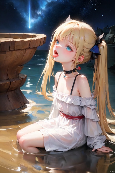  1 little girl(heat period,oestrus), cute, Petite, loli,flat chested,  perfect elegant face, perfect aqua eyes,Opening_Mouth-O_Tongue,(masterpiece),best quality,blonde hair,blue eyes,(very long twin tails,looking up),sharp hair,sitting,rocks,river,((reflection,night,star_(sky))),,,(SLE, mksks style, detailed background, ATD essence), excellent, best aesthetics, latest, best quality, masterpiece, very detailed, very detailed CG super detail, 8k_ wallpaper, illustrations, fine details), (rainbow scales armour): vivid,(science fiction), (extremely intricate), the most beautiful artwork in the world, professional digital art by Ed Blinkey and Atey Ghailan and Jeremy Mann and Greg Rutkowski,,,
