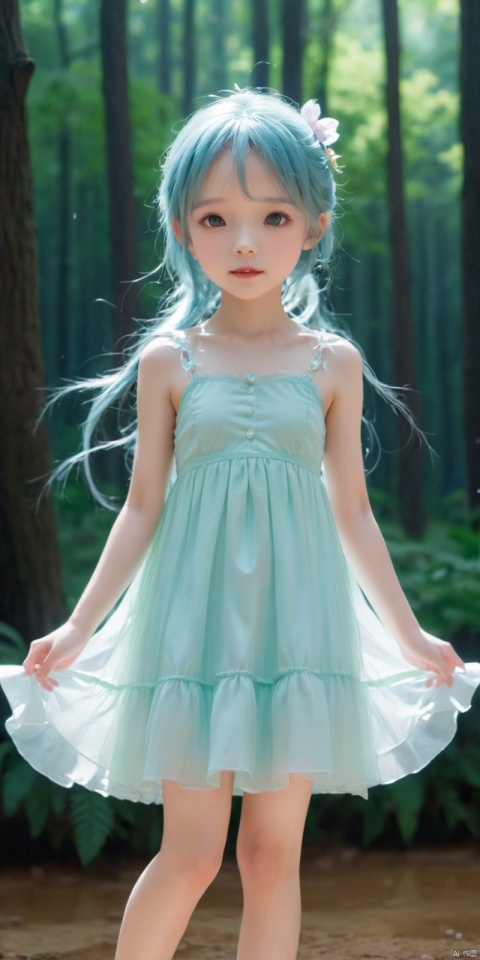 Masterpiece, best quality, solo, thin, a 10-year-old loli, little princess, flat-chested, delicate, cute, petite, playful, open_mouth_O, young face thin, balanced features, blue eyes, green hair, long hair, low double ponytail, pale and smooth skin, (princess dress), small nipples, no underwear, dynamic angle, dynamic posture, fresh and refined, whitening light, shadows, outdoors, forest, vegetation, rainstorm, wind, hair flying, Loli, skinny legs, nice body, Proportional coordination,Upper body,