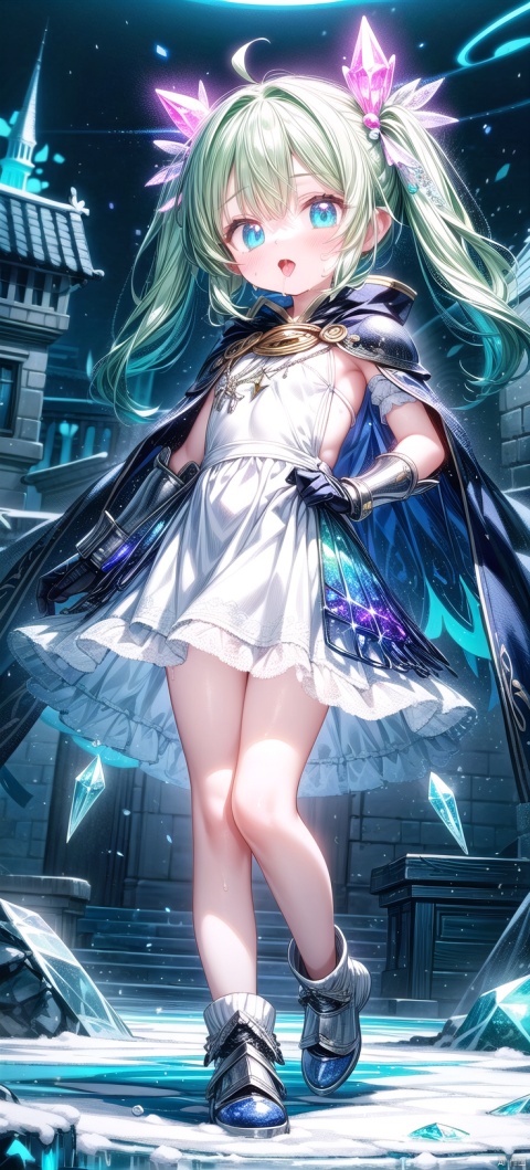  1Little girl, cute, petite, flat-chested,green hair,long hair(SLE, mksks style, Detailed Background), (exceptional, best aesthetic, new, newest, best quality, masterpiece, extremely detailed, extremely detailed CG ultra-detailed, 8k_wallpaper, illustration, finely detail), ice wings, blue , cape, pauldrons, metal_gauntlets, metal_boots, castle halls, medieval building, (glowing clothes, glowing armour, glowing cape, ice blades, enchanted armour), (crystals texture) night lights, vivid lights, vivid colors, cinematic lighting, (bioluminescence) lights, (darkness), light leaks, Detailed armour ), (),(loli),Blushing, rutting, excitement, open mouth, tongue, full lips, heavy breathing,Seiran(touhou)steam cloud,saliva drip,sweaty,Full body photo,bare legs,, 