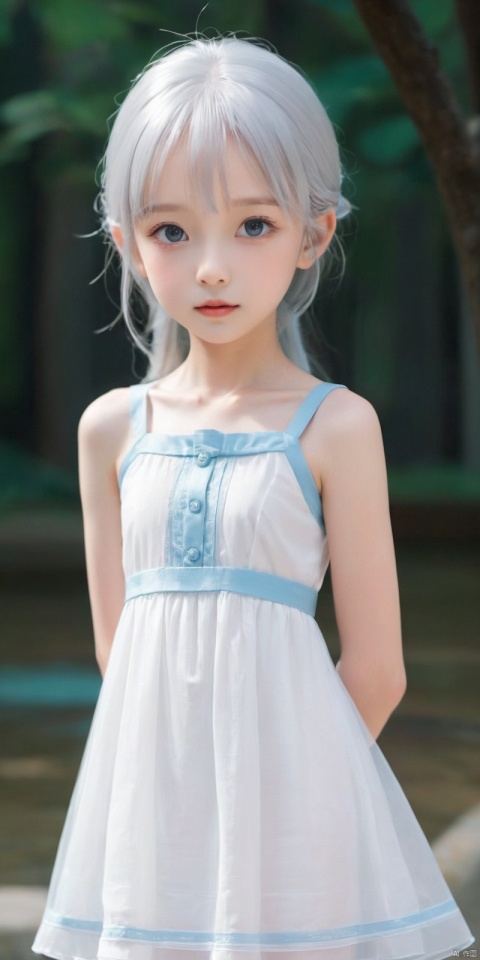 Tips: Masterpiece, best quality, solo, skinny, 6 year old, (), little princess, (flat chested), delicate, cute, petite, playful, open-mouthed, small face, even facial features, blue eyes, (silver hair, long hair), low ponytail, white and smooth skin, (), clavicle, loli, thin legs, good figure, well proportioned, ())