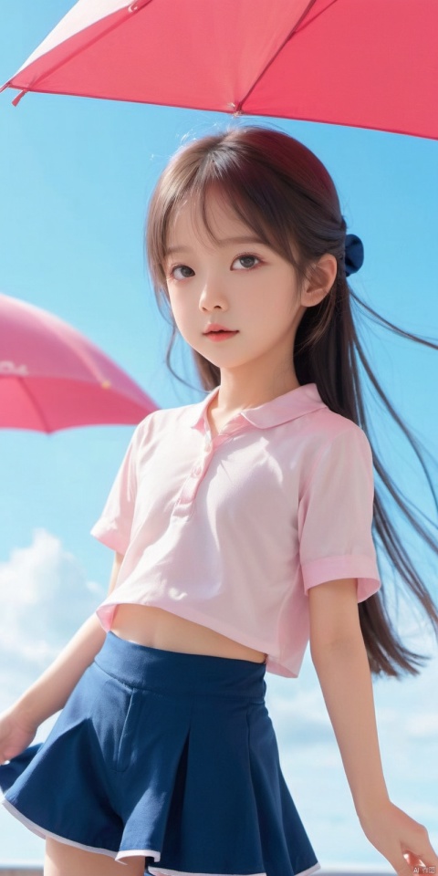 Masterpiece, best quality, solo, thin, a 10-year-old child, little princess, flat chest, delicate, cute, petite, playful, open mouth, small face, even features, blue eyes, white hair, long hair , low double ponytail, fair and smooth skin, (pink shirt, belly button diffused), dynamic angle, dynamic posture, fresh and refined, shadow, wind, flying hair, loli, slim legs, good figure, well-proportioned, socks , shoes, g-string, from bottom, side up, panties, crotch focus, spread ￥n legs, best quality, amazing quality, very beautiful, ridiculous”