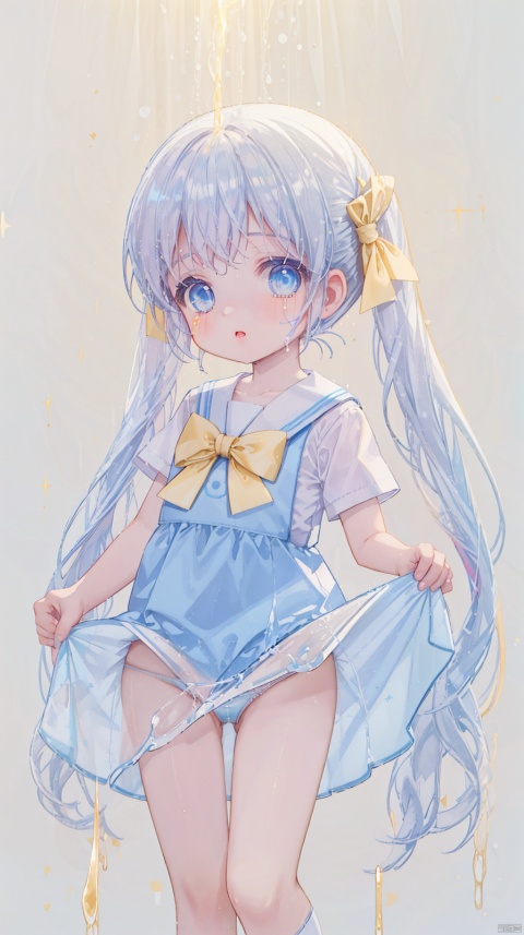  (a skinny child), masterpiece, detail, (very long yellow hair), low twin tail, blush, red ears, thin, blue eyes
, wet, cleft veins, BDSM, traces of saliva, side light, sunlight, overexposure, flash, light particles, collarbone, lips, twitching, kindergarten uniform, skirt lift, glitter clothes, tight skin, band-aid, (glamorous), 1.Unworn panties, 1.panties aside 
,vaginal juice marks, 1. Anti-glass,
, (beautiful), very beautiful, ultra high definition, alchemical images, using mercury, liquid mercury, heavy metal liquid, silver liquid, mercury transformation, shine, dynamic gesture, liquid movement, floating particles, mercury drop, flowing metal, mercury symphony, Background reflected light, crystallized mercury formation, film lighting, film atmosphere,