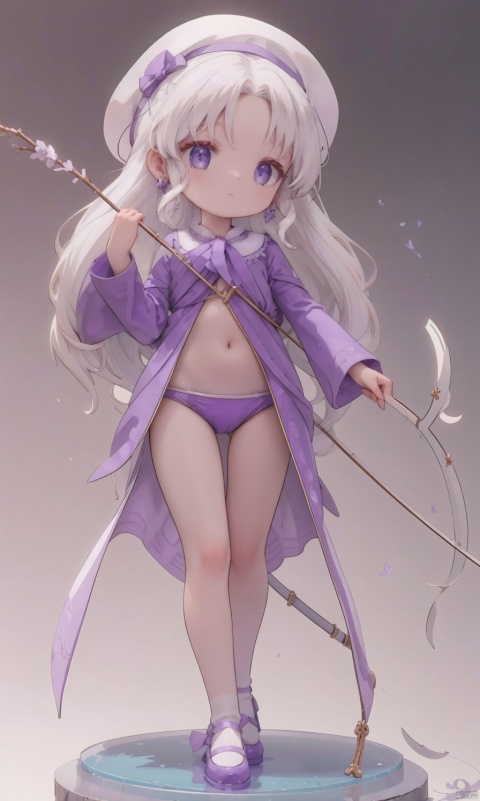  A beautifully crafted figurine of a loli archer, featuring long light white hair with purple highlights, wearing a white swimwear and a white beret. The figurine boasts intricate details on the entire body, including the hands.