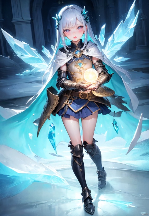 1Little girl, cute, petite, flat-chested,(SLE, mksks style, Detailed Background), (exceptional, best aesthetic, new, newest, best quality, masterpiece, extremely detailed, extremely detailed CG ultra-detailed, 8k_wallpaper, illustration, finely detail), ice wings, blue , cape, pauldrons, metal_gauntlets, metal_boots, castle halls, medieval building, (glowing clothes, glowing armour, glowing cape, ice blades, enchanted ), (crystals texture) night lights, vivid lights, vivid colors, cinematic lighting, (bioluminescence) lights, (darkness), light leaks, Detailed Glass shaped clothes, ), (),(loli),