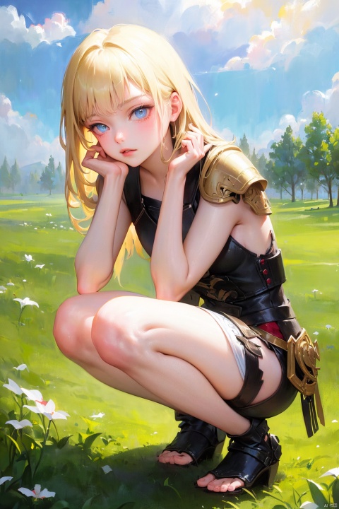 (masterpiece), (extremely intricate), the most beautiful artwork in the world, professional digital art by Ed Blinkey and Atey Ghailan and Jeremy Mann and Greg Rutkowski, Medium shot of a small girl in armor, symmetrical eyes, perfect elegant face, perfect eyes, blonde, grass plain background,arm support, leaning forward, squatting, crouch,missionary,