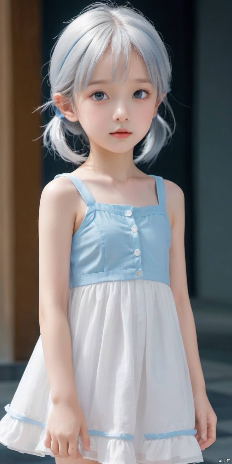  Masterpiece, best quality, solo, thin, a 10-year-old child, little princess, flat chest, delicate, cute, petite, playful, open mouth, small face, even features, blue eyes, silver hair, long hair , low twin ponytails, fair and smooth skin, (blue and white vest), collarbone, bare shoulders, lower angle, dynamic posture, fresh and refined, shadow, wind, flying hair, loli, thin legs, good Body, well proportioned,,,,, from bottom, one side up, above the knees, legs spread, best quality, amazing quality, very beautiful, ridiculous”