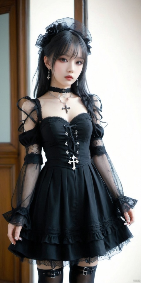 mksks style, detailed, extremely detailed, masterpiece, best quality, intricate details,   (((translucent style))), 1girl, solo, tears, hair over one eye, side ponytail, hairpin, dress, fishnets, gothic, choker, cross, jewelry, black dress, thighhighs, necklace, black footwear, detached sleeves, black choker, lolita fashion, boots, black nails, gothic lolita, nail polish, lace, corset, lace trim, chain, cross-laced clothes