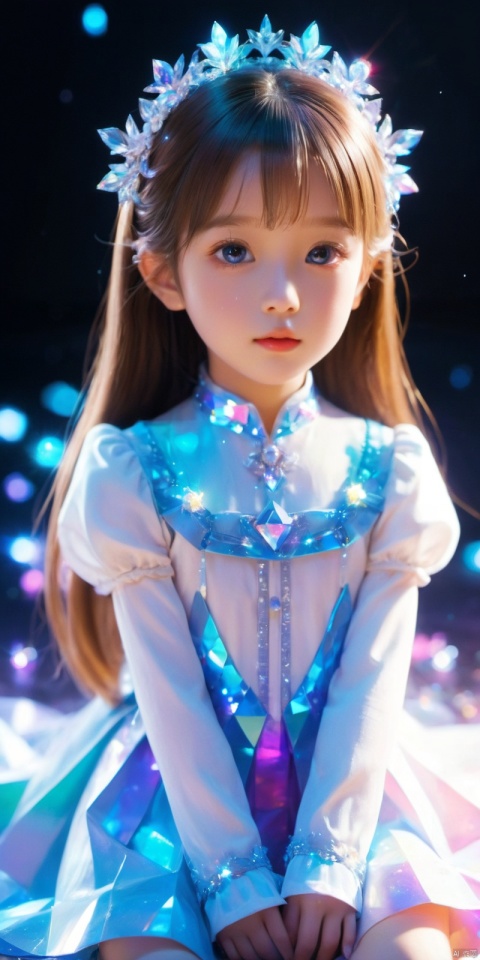 masterpiece, most detailed quality, masterpiece, best quality, official art, extremely detailed CG unity16k wallpaper, masterpiece, ((6 year old girl), little princess, loli, small face, well-proportioned features, good figure, well proportioned , (sci-fi: 1.1), (ultra-fine crystal: 1.5), (crystal loli: 1.5), kaleidoscope, ((rainbow: 1.5) long hair), (silver eyes sparkling), sitting, surrounded by colorful crystals, Wet skin texture, (Skin with Crystal Fusion: 1.8), head looking up, simple clothes, clear crystals, flat dark background, lens flare, prism,