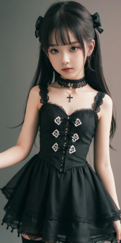  mksks style, detailed, extremely detailed, masterpiece, best quality, intricate details, (((translucent style))), ( (8-year-old girl Naked body (shapely good figure), solo, tears, hair over one eye, side ponytail, hairpin, dress, fishnets, gothic, choker, cross, jewelry, black dress, thighhighs, necklace, black footwear, detached sleeves, black choker, lolita fashion, boots, black nails, gothic lolita, nail polish, lace, corset, lace trim, chain, cross-laced clothes, bailing_glitch_effect,smile,