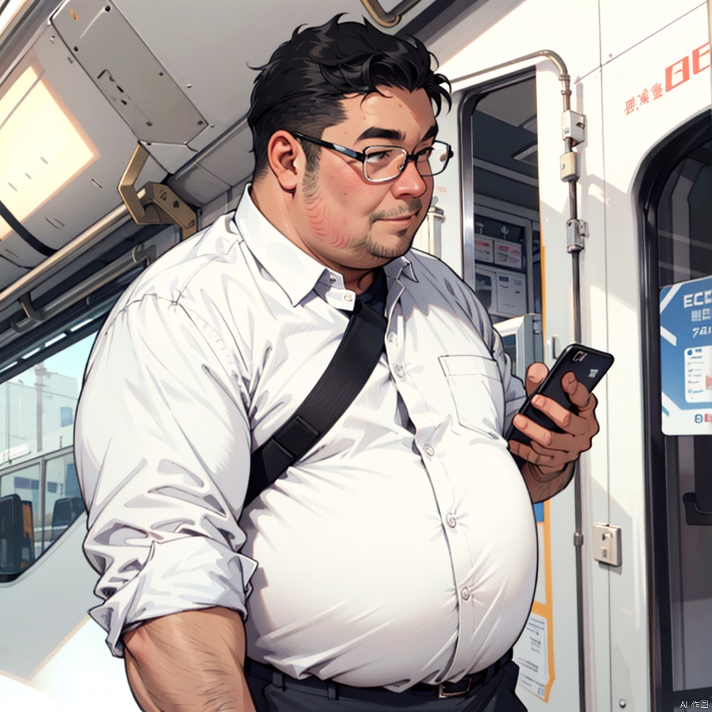  solo, short hair, shirt, black hair, 1boy, holding, (white shirt:1.3), male focus, glasses, collared shirt, pants, bag, phone, cellphone, sleeves rolled up, holding phone, plump, belly, fat, train interior, fat man, salaryman, (fat face:1.3), (look at the phone:1.1), smile, 
Best quality, masterpiece, ultra high res, game_cg, solo, , bara, (fat:1.1), Simple background, Pangshuai