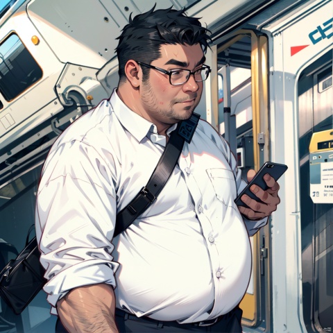  solo, short hair, shirt, black hair, 1boy, holding, (white shirt:1.3), male focus, glasses, collared shirt, pants, bag, phone, cellphone, sleeves rolled up, holding phone, plump, belly, fat, train interior, fat man, salaryman, (fat face:1.3), (look at the phone:1.1), smile, 
Best quality, masterpiece, ultra high res, game_cg, solo, , bara, (fat:1.1), Simple background, ,