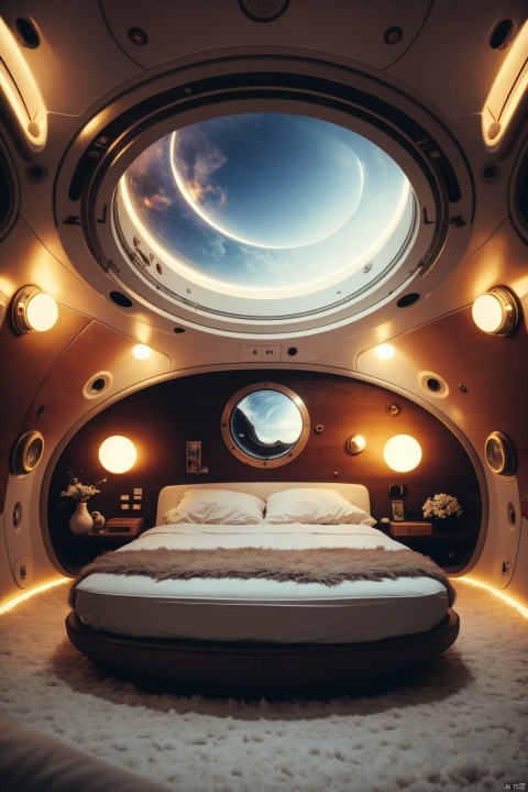 The interior of the spaceship, Cabin, A large porthole in which you can see the space, Highly detailed,  High-end lighting, cinematic world, Futuristic, cozily, Bright space