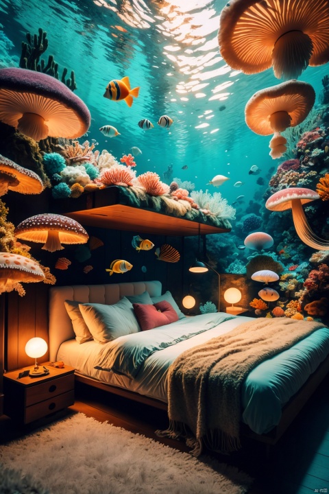  A bedroom under the sea, surrounded by dreamy mushrooms. The walls are made of colorful corals and anemones, with glowing jellyfish and colorful fish swimming above through the ceiling. The bedroom is elegantly decorated with a bed made of shells and seaweed, with a conch shell lamp beside it. The whole room is filled with a mysterious and enchanting ocean atmosphere, suitable for high-definition underwater photography, intricate details, clear focus, vivid colors, realistic art, suitable for framing, interior design, and fine art prints., Installation art