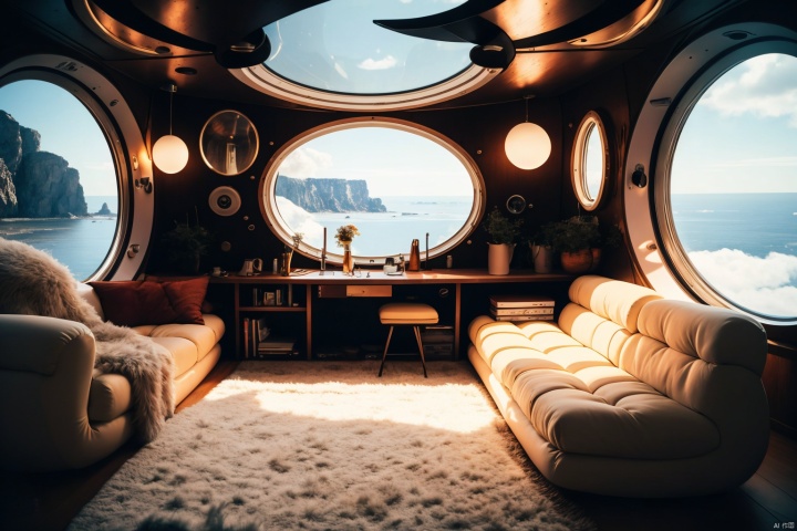 The interior of the spaceship, Cabin, A large porthole in which you can see the space, Highly detailed,  High-end lighting, cinematic world, Futuristic, cozily, Bright space