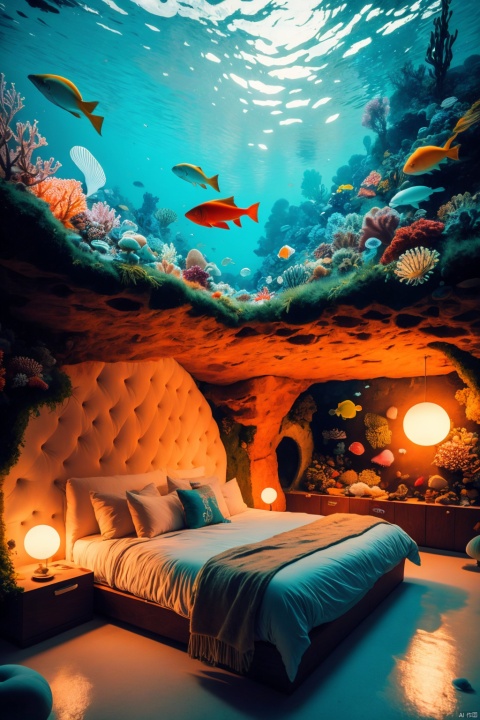  A bedroom under the sea, surrounded by dreamy mushrooms. The walls are made of colorful corals and anemones, with glowing jellyfish and colorful fish swimming above through the ceiling. The bedroom is elegantly decorated with a bed made of shells and seaweed, with a conch shell lamp beside it. The whole room is filled with a mysterious and enchanting ocean atmosphere, suitable for high-definition underwater photography, intricate details, clear focus, vivid colors, realistic art, suitable for framing, interior design, and fine art prints., Installation art