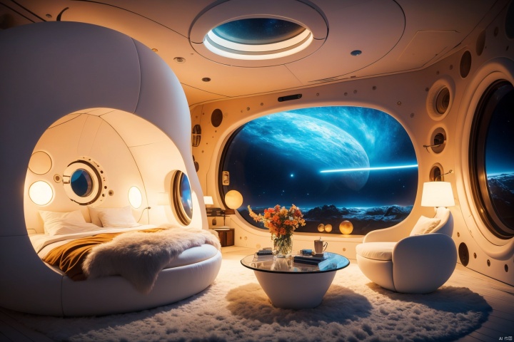 The interior of the spaceship, Cabin, A large porthole in which you can see the space, Highly detailed,  High-end lighting, cinematic world, Futuristic, cozily, Bright space