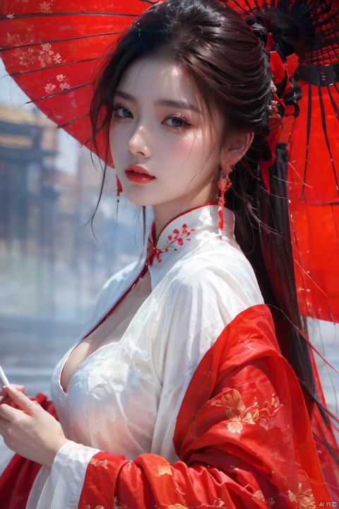  1girl, solo, long hair, looking at viewer, black hair, red eyes, long sleeves, holding, jewelry, upper body, earrings, outdoors,cleavage,parted lips, Chinese clothes, from side, makeup, umbrella, lipstick, holding umbrella, red lips, oil-paper umbrella, red umbrella, QINGYI