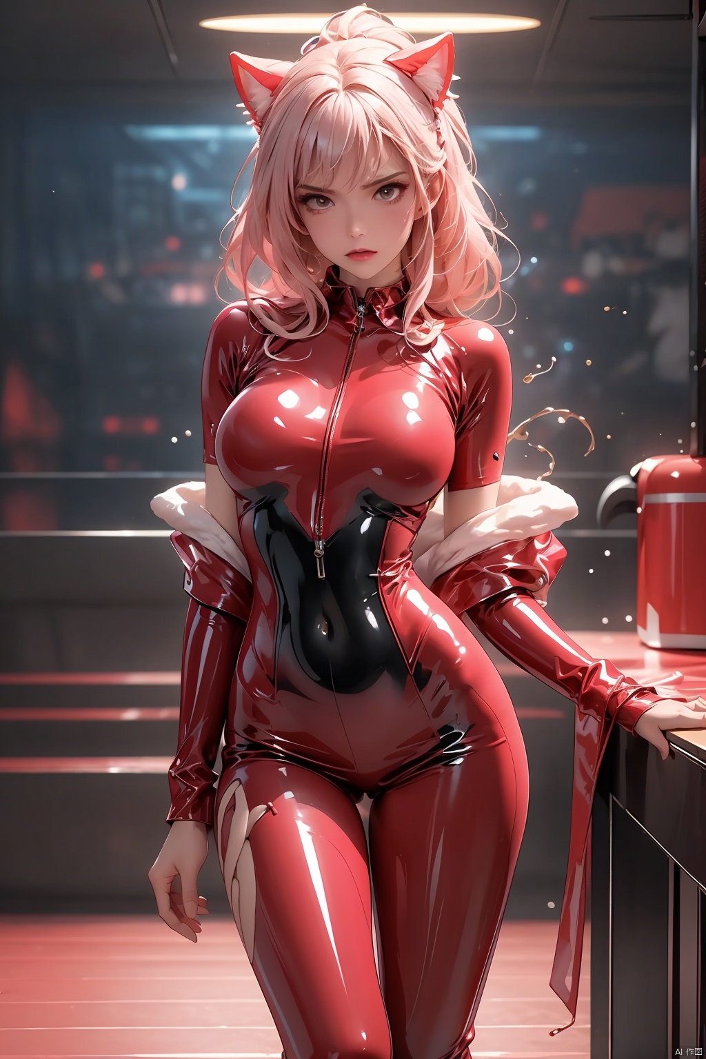  (RAW photo: 1.2), pink latex jumpsuit, hollow, Holt collar, latex shiny, tight, sweat, white liquid, pink body, wearing Kudo Atsuko latex costume, wearing tight suit, smooth pink white skin, cat suit, wearing latex, shiny plastic, shiny metallic luster skin, pink glowing color, latex costume, chrome-plated bodysuit, cyberpunk glossy latex suit, shiny, futuristic bright latex suit with open legs, M-shaped legs, angry expression, sullen and sullen, white liquid all over the body,