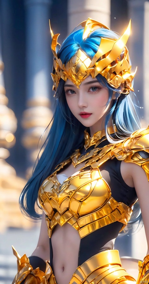 1girl, blue hair, gold armor