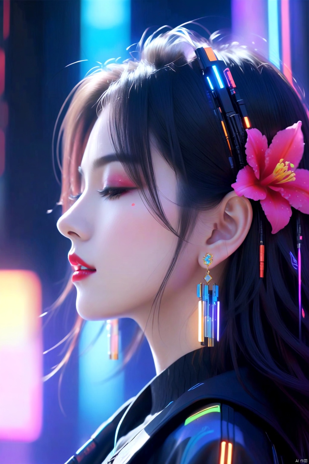  1girl, solo, black hair, hair ornament, jewelry, closed eyes, flower, earrings, parted lips, mole, blurry, from side, lips, mole under eye, profile, makeup, depth of field, lipstick, portrait, nose, red lips, colorful, glow,A cyberpunk girl