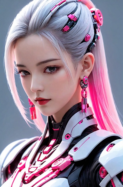 Dimensional Armory,banlanz,jewelry,cyborg,white hair,1girl,looking at viewer,,glowing pink special effects,gradient blue and pink Lights,split theme,portrait,mechanical parts,cyberpunk,solo,simple background,makeup,chinese clothes,grey eyes,tassel,grey background,tassel earrings,black eyes,hair slicked back,,