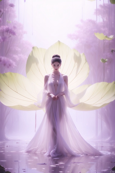  heise jinyao, inspired by Zhang Han, xianxia fantasy, flowing gold robes, (Colorful, colorful hair),inspired by Guan Daosheng, long hair, fantasy art style,,Ink scattering_Chinese style, lotus leaf, 1girl, 1 girl, Purple light effect