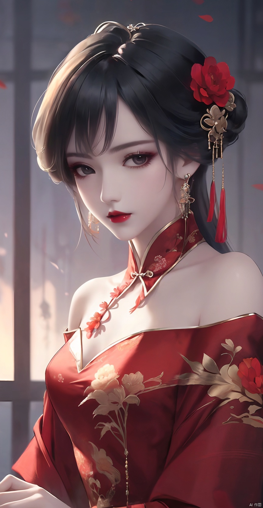  1girl,hair ornament,solo,flower,hair flower,candle,earrings,jewelry,black hair,black eyes,blurry,lips,red lips,looking at viewer,tassel,depth of field,makeup,realistic,(red_clothes:1.3),chinese clothes,floral print,upper body,medium breasts,off-the-shoulder,sitting,
