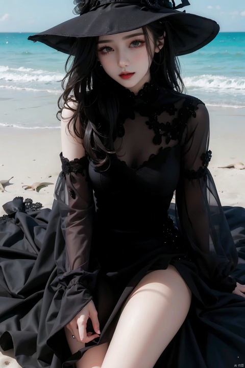  1 girl, black hat, black dress, white lace, thighs, seaside,