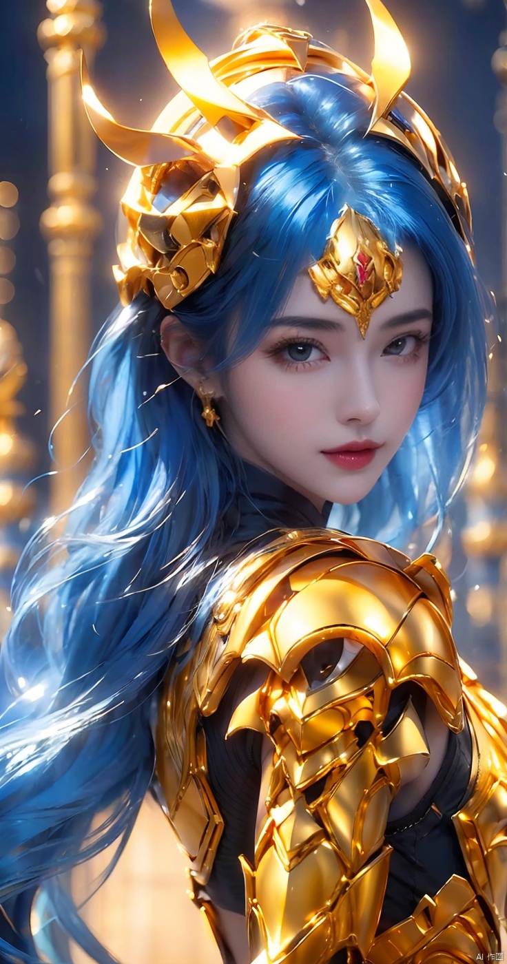 1girl, blue hair, gold armor