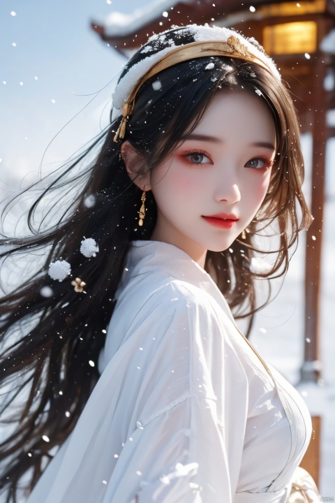  a girl for cgart_mayfly\(model\) test, in (pure white:1.5) dress, long hair cascading over her shoulders, winter hanfu, fur collar,(looking_at_viewer),smile. BREAK, adorned with a golden headband on her hair, which shone even more brilliantly in the snow. Her attire was like that of a fairy woman. she was only around 15 or 16 years old, with skin as white as snow, delicate and beautiful beyond words. BREAK,Snow, Edge lighting, the traditional Chinese boat, 35mm photograph, shot by Leica M50 f/2.8