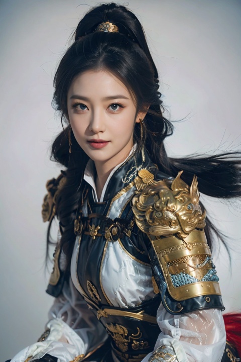 high definition,color trace, (High quality, High resolution, High quality, Fine details), Realistic, solo, 1girl,curvy women,black armor,long hair, black hair,blue eyes, twintails,long legs,happy face,smile,fighting stance, close mouth,dark background,curvy women, sparkling eyes, (Detailed eyes:1.2), Oily skin, Dramatic Shadows, SGZ2,