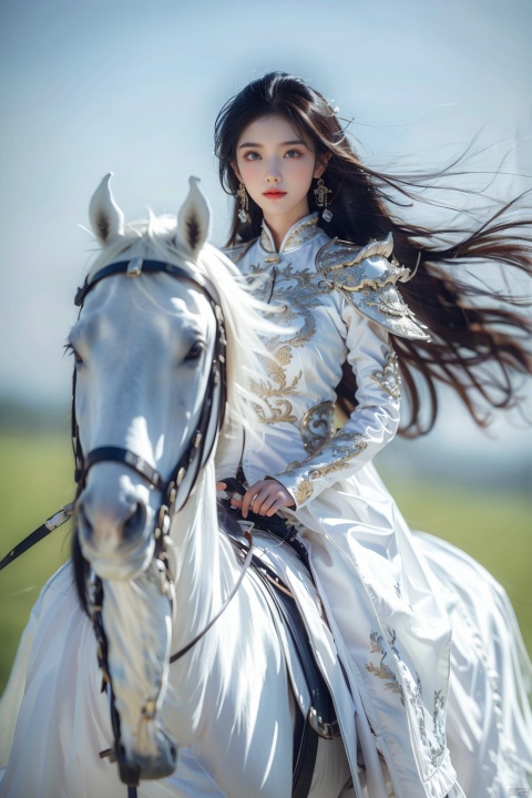  1girl, riding a horse, white armor,