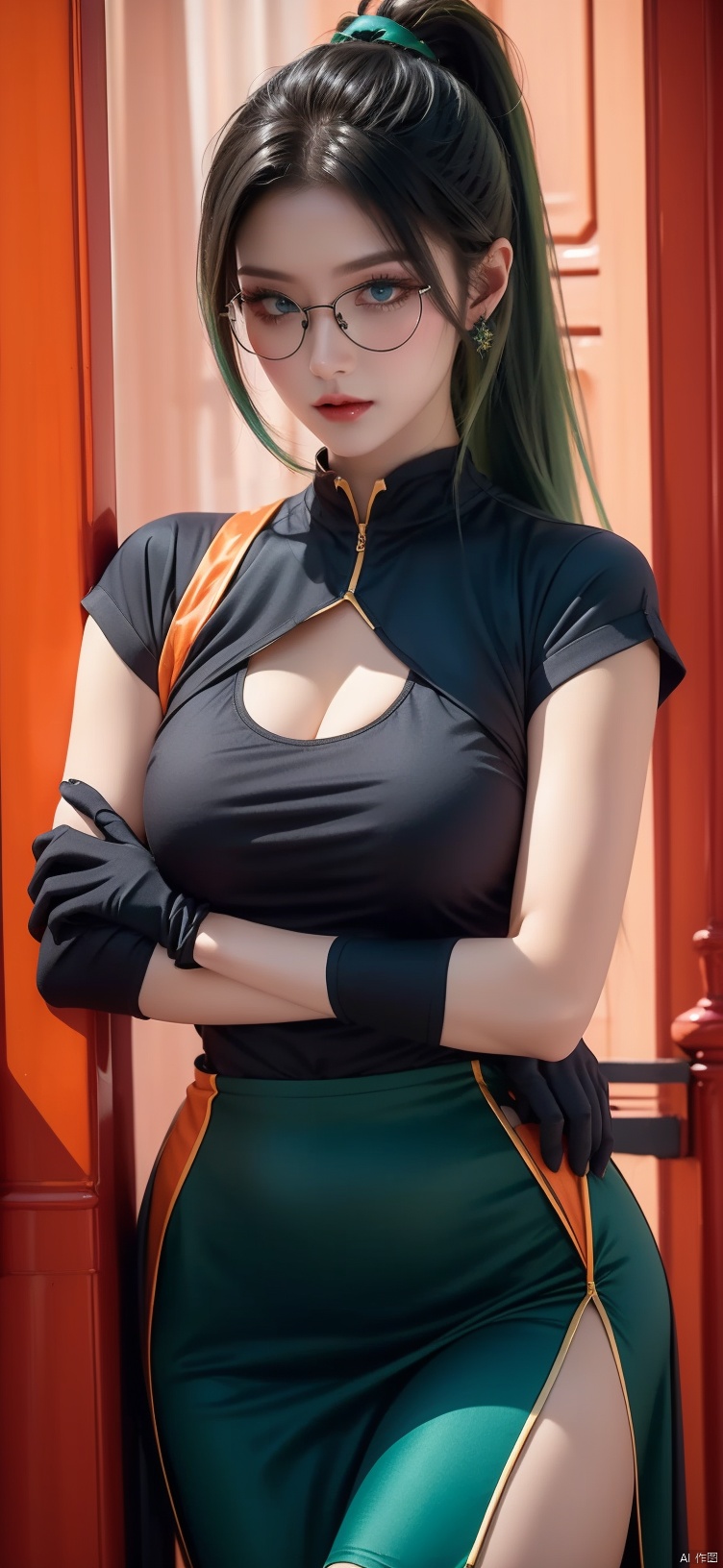  High quality, masterpiece,bangs,blue eyes,black hair,hair ornament,gloves,closed mouth,ponytail,green hair,glasses,black gloves,cosplay,crossed arms,semi-rimless eyewear,feather_hair ornament,Tight fitting clothing,,side slit,Angry,1girl, 1girl